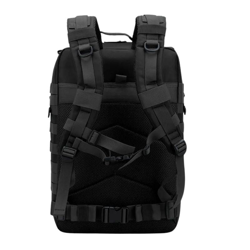 Sac à dos militaire 50l vue de dos- Dos rembourré en mousse alvéolée  - Sangles d'épaules larges et épaisses - Ligne d'épaule dos ergonomique - Ceinture ventrale et thoracique.