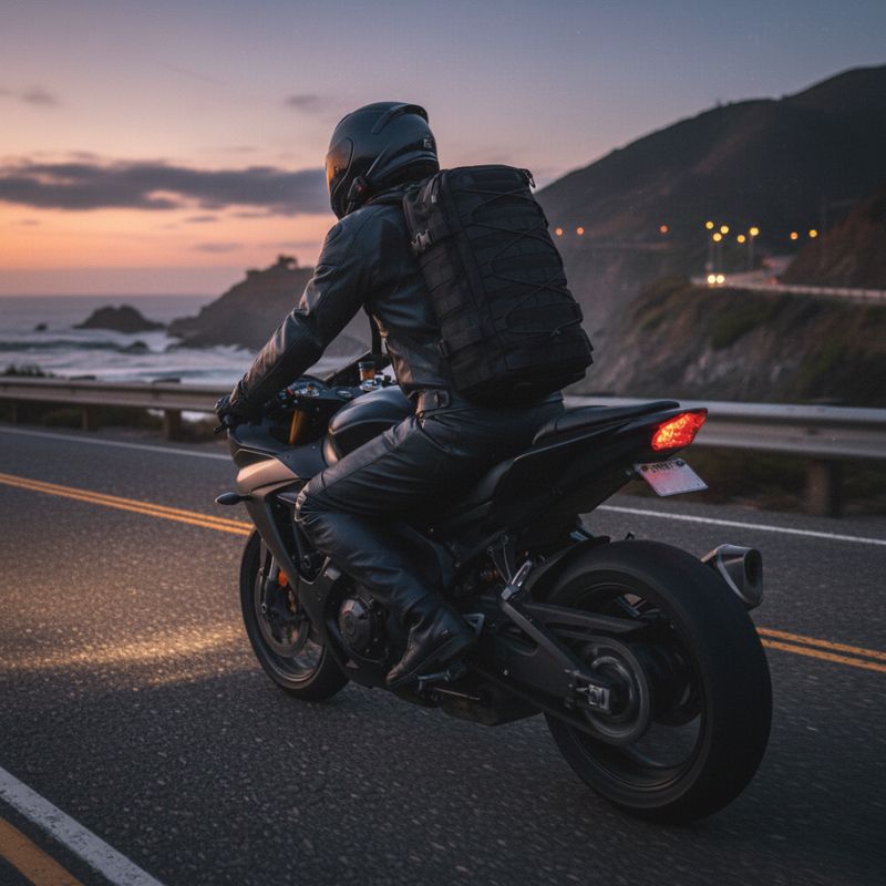 Sac à dos militaire en nylon 1000D porté par un motard