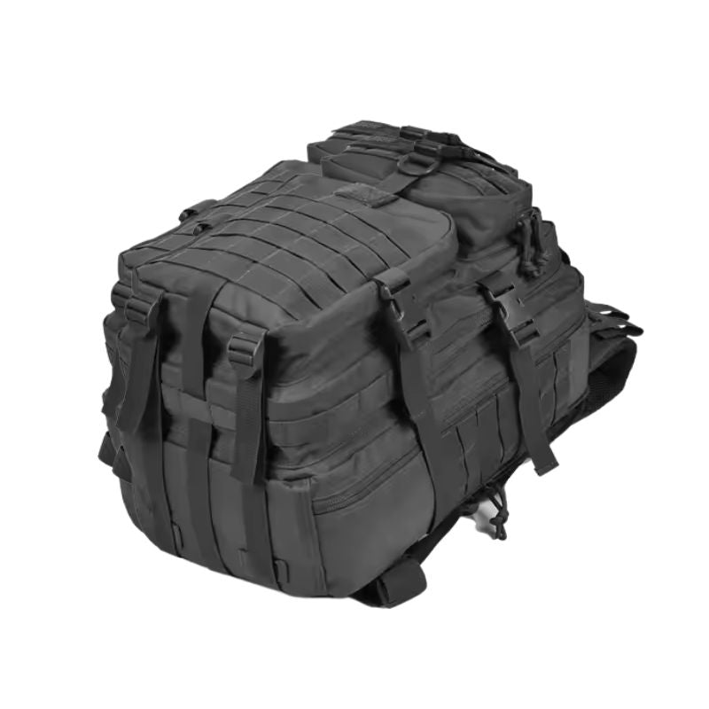 Sac dos militaire noir 38L allongé. Fond de sac renforcé avec sangle pour matériel de camping.