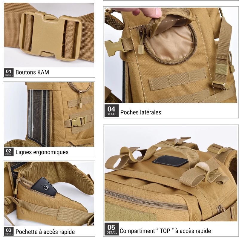 Sac à dos militaire tactique 50L - Bouton KAM, lignes ergonomiques, poches à accès rapide, compartiment TOP DISPLAY.