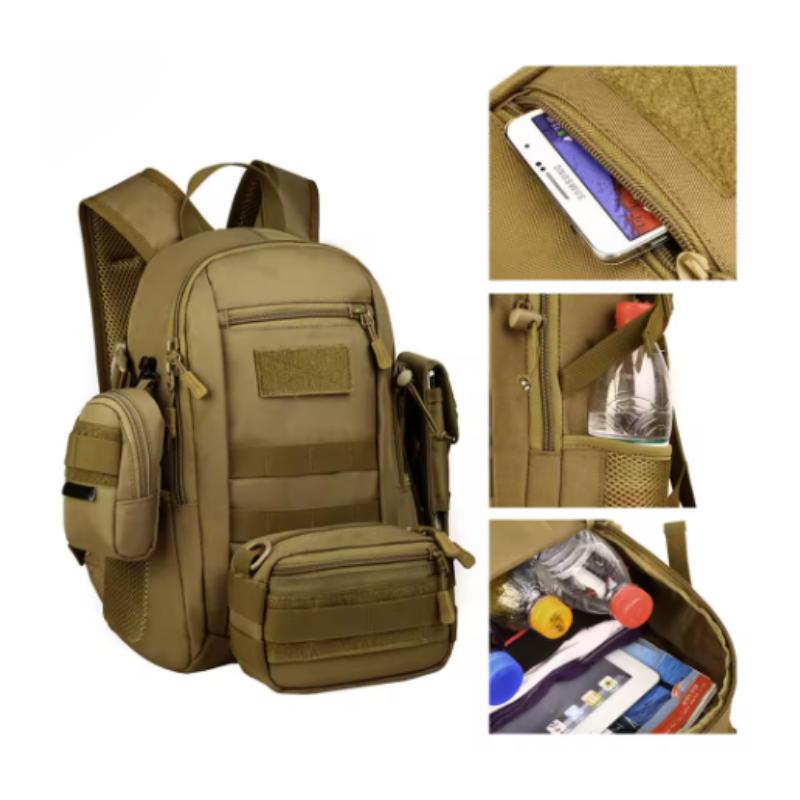 Sac à dos tactique 15l avec poche principale, poche avant haute, et porte bouteille en filet à gauche. Zone patch disponible.