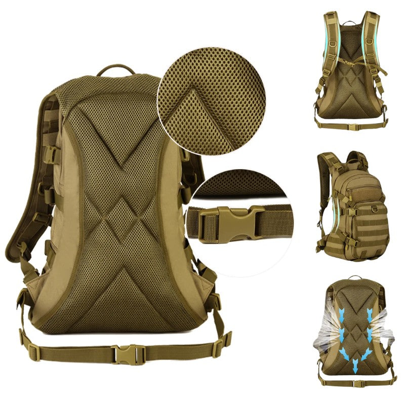 Sac avec un dos alvéolé et rembourré, sangle d'épaules larges et ajustables, et sangles sternale et ventrale.