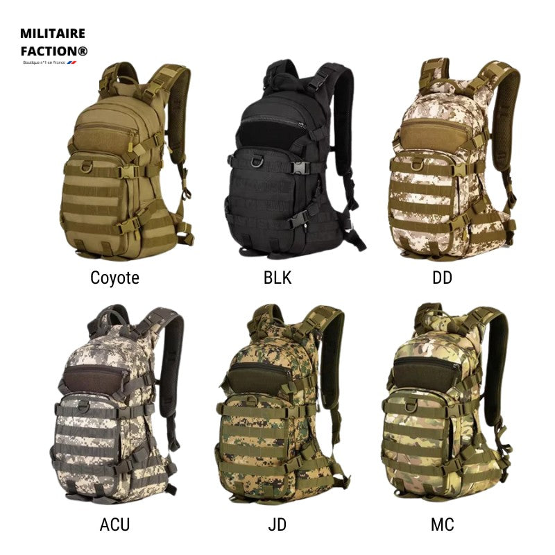 Sac à dos tactique 25l, camouflage coyote, BLK, DD, CU JD, MC.