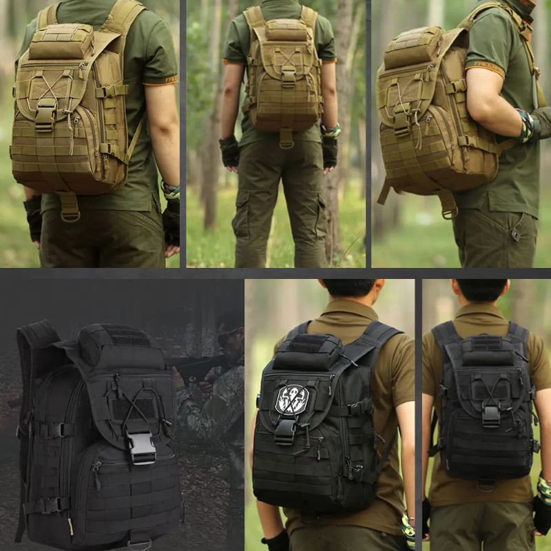 Modèle masculin en tenue de bush Craft portant le sac à dos tactique 40l.  