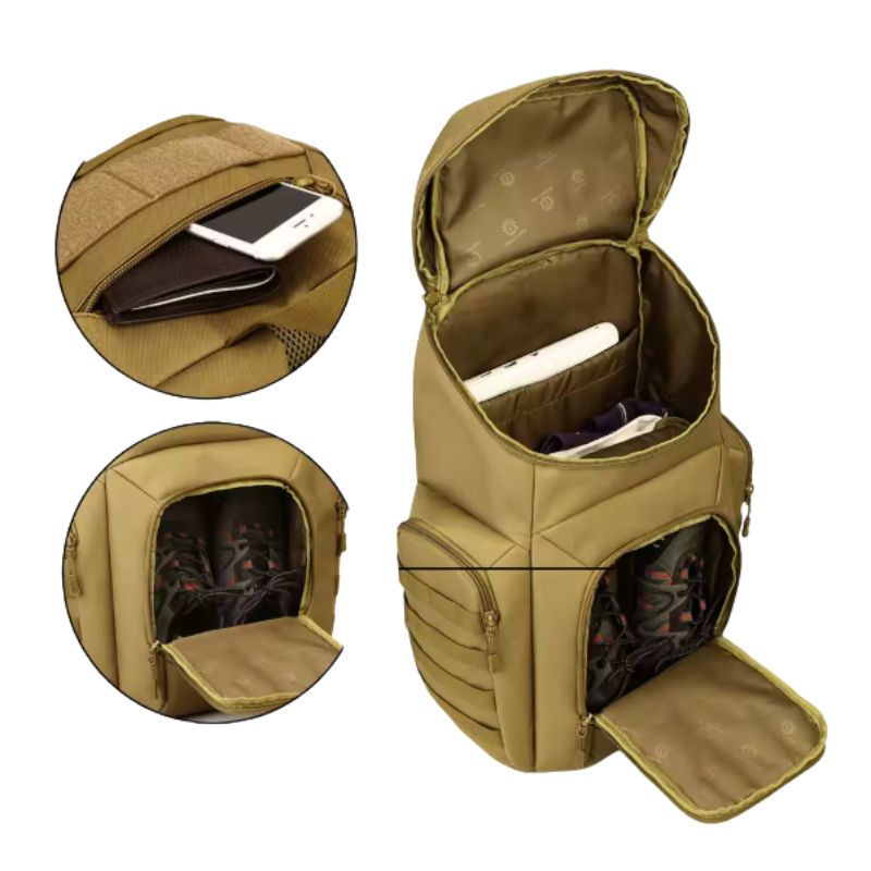 Sac à dos tatcique 45l - Un grand compartiment compartimenté. Un compartiment frontal pour chaussures. Deux poches latérales.