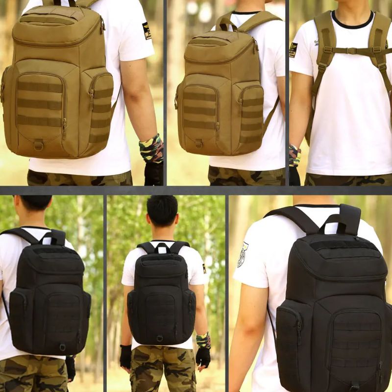 Sac à dos tactique militaire 45l  - porté par un homme en tenue de survie dans la forêt. 