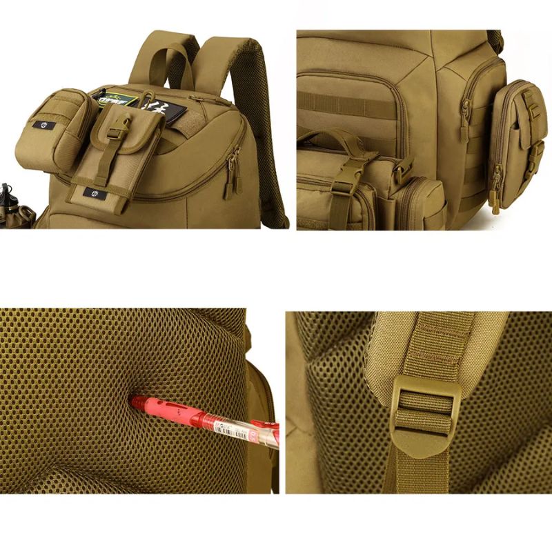 Détail des fixations MOLLE du sac tactique 45L.