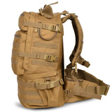 Sac à dos tactique 50 litres vue de profil - sangles de compressions latérales, PALS, pochette stratégique.