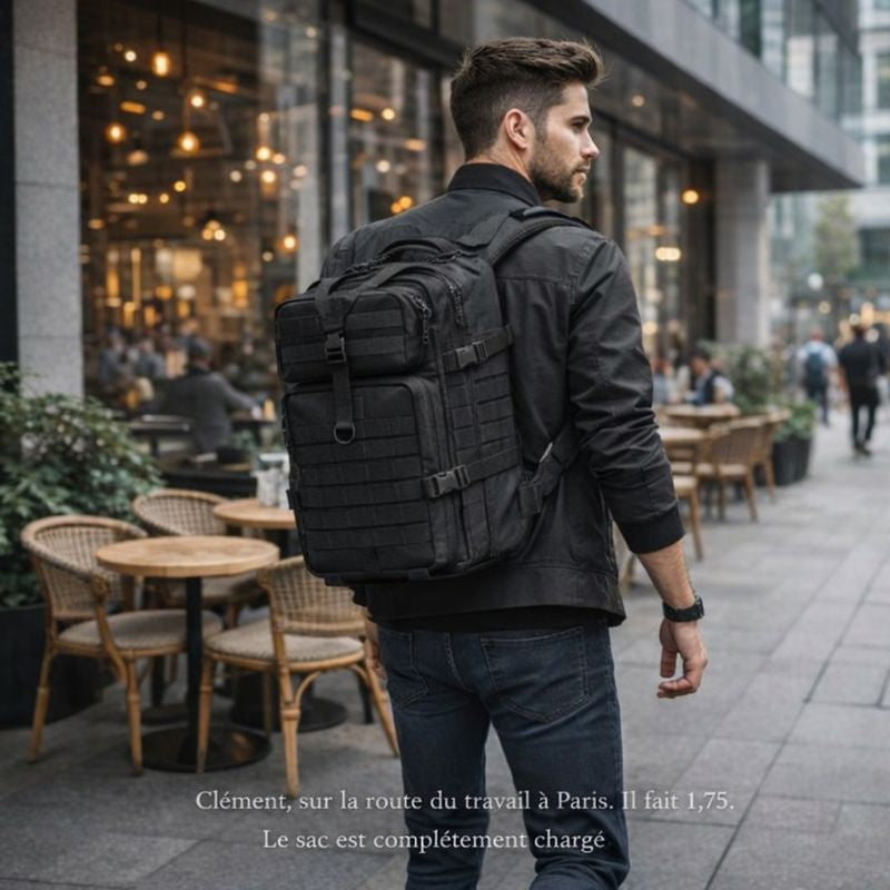 Homme en tenue urbaine portant le sac à dos militaire noir 50L sur une épaule devant un immeuble moderne, idéal pour le travail et les déplacements.
