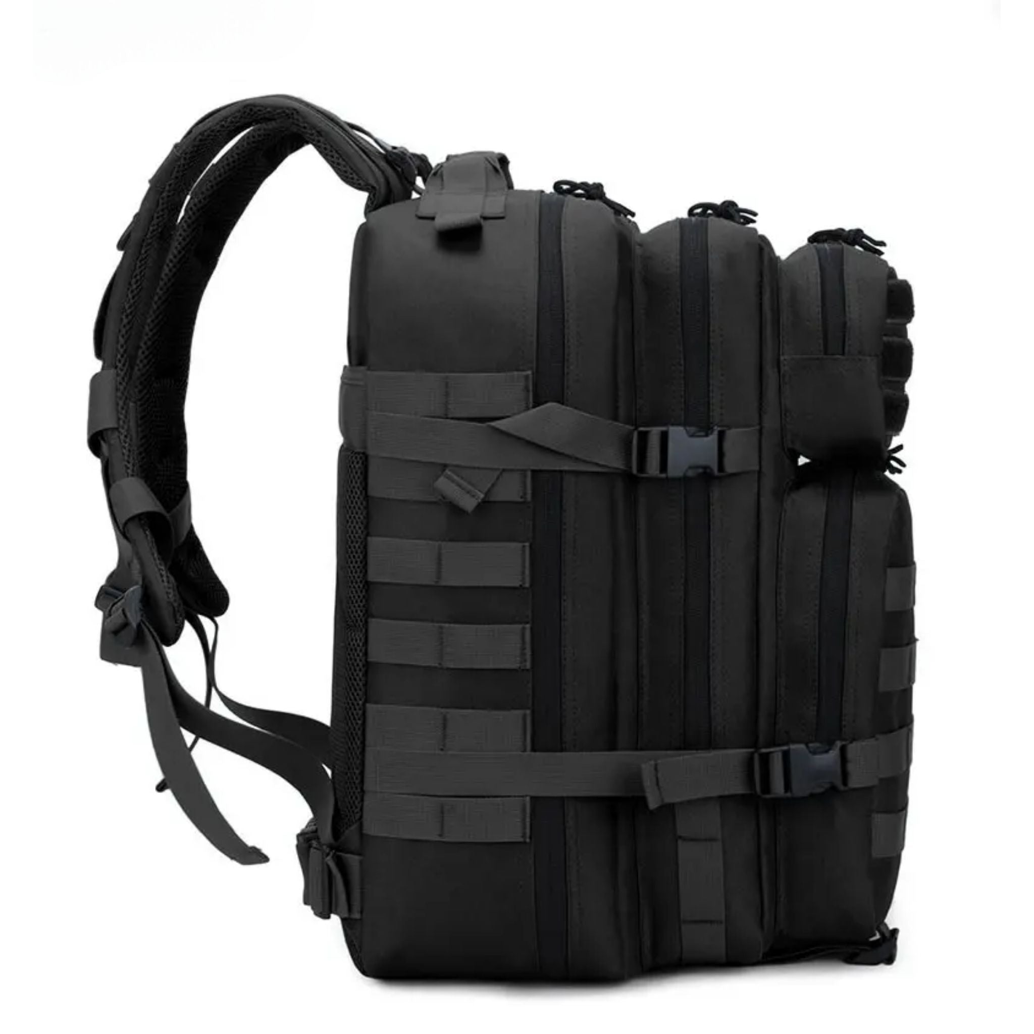 Sac à dos militaire 50l vue de profil - Système molle - Sangles de compression latérales.