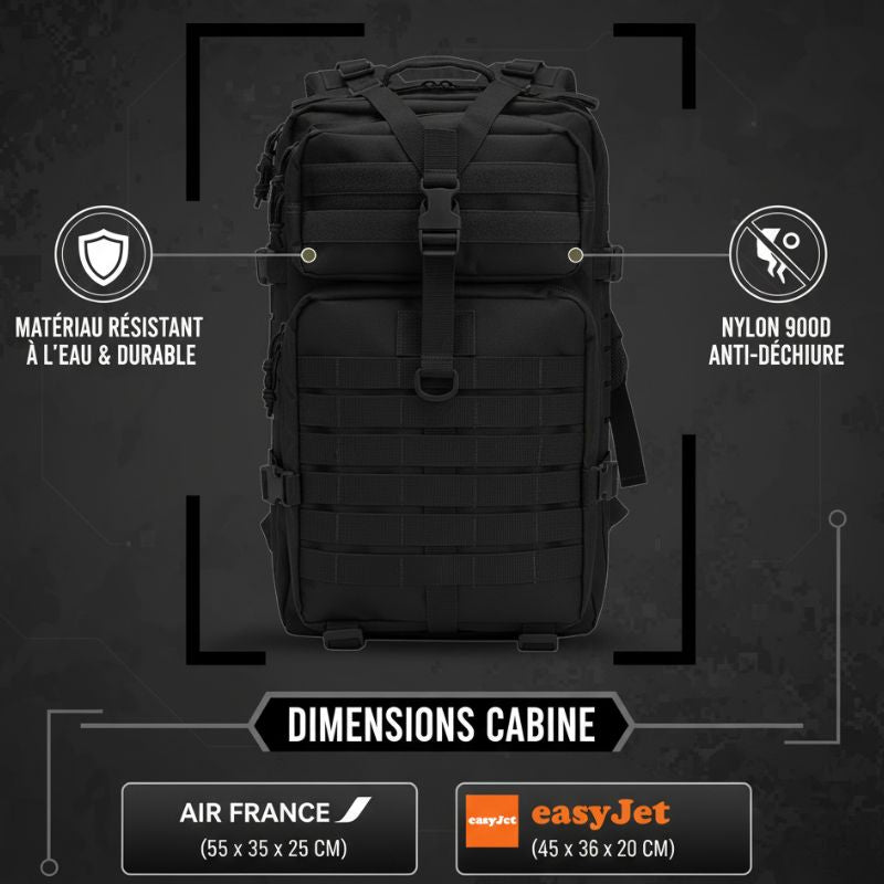Sac militaire noir en nylon 900D anti-déchirure, format cabine conforme aux compagnies aériennes