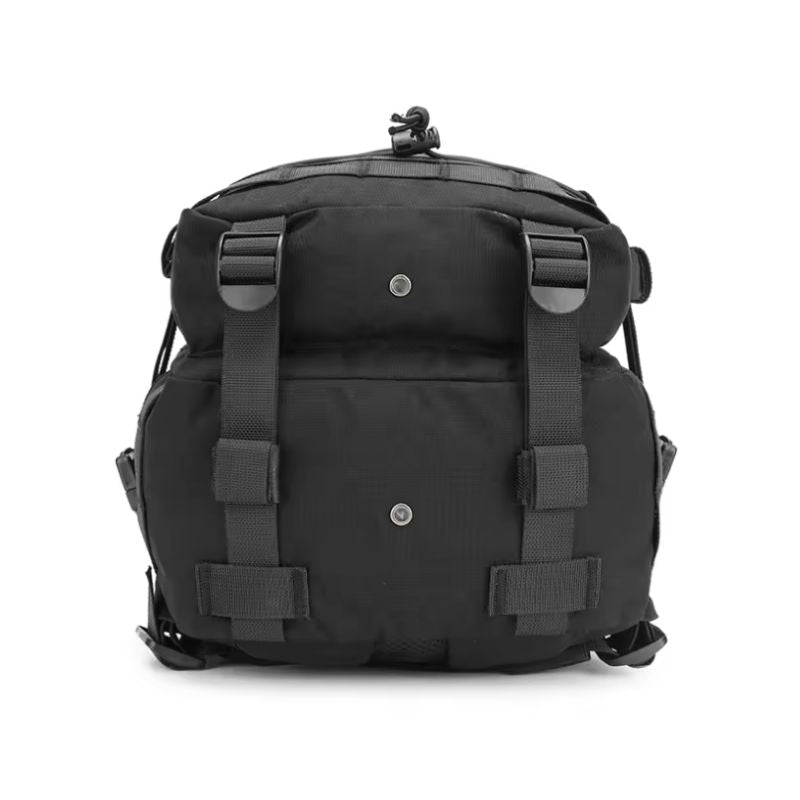 Vue arrière du sac militaire noir avec grandes poches et boucles de fixation renforcées
