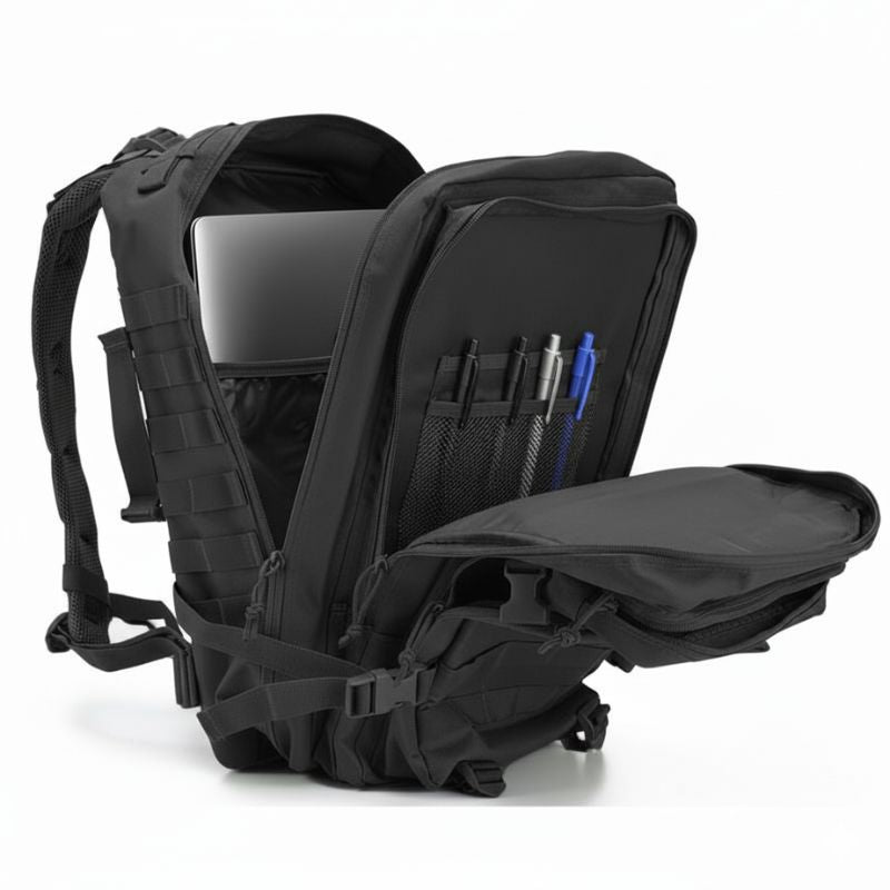 Sac militaire ouvert avec compartiment ordinateur portable et rangements intérieurs pour stylos