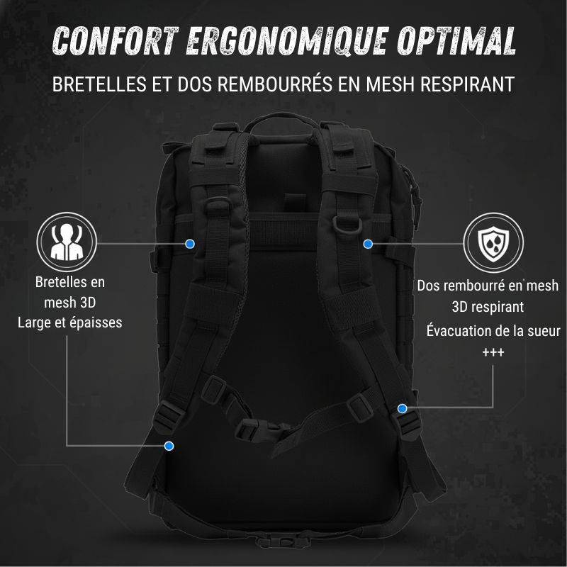 Bretelles larges et dos rembourré en mesh 3D respirant pour un confort maximal sur un sac militaire