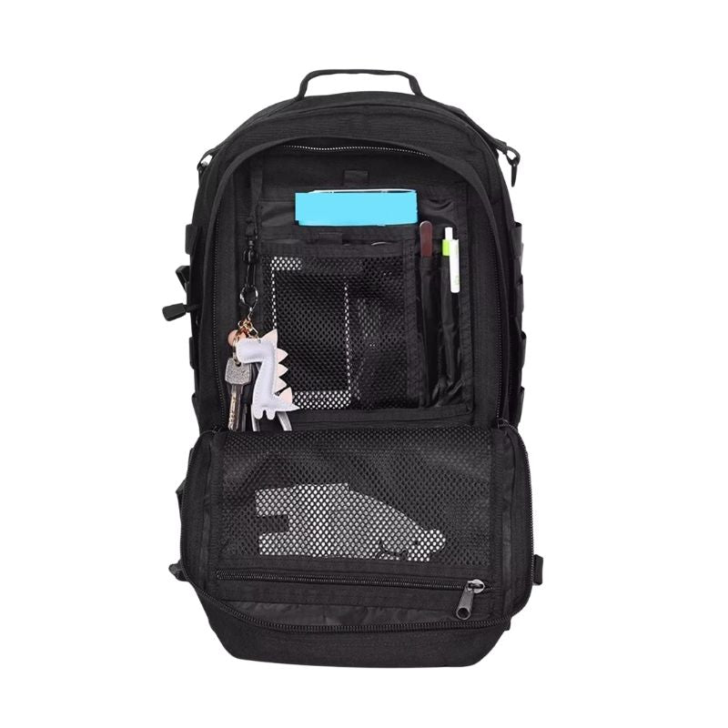 Intérieur du sac militaire noir avec poches en maille, crochets pour clés et rangements pour stylos et accessoires