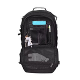 Intérieur du sac militaire noir avec poches en maille, crochets pour clés et rangements pour stylos et accessoires