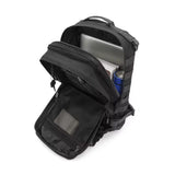 Sac militaire noir ouvert montrant un compartiment pour ordinateur portable et poches en filet