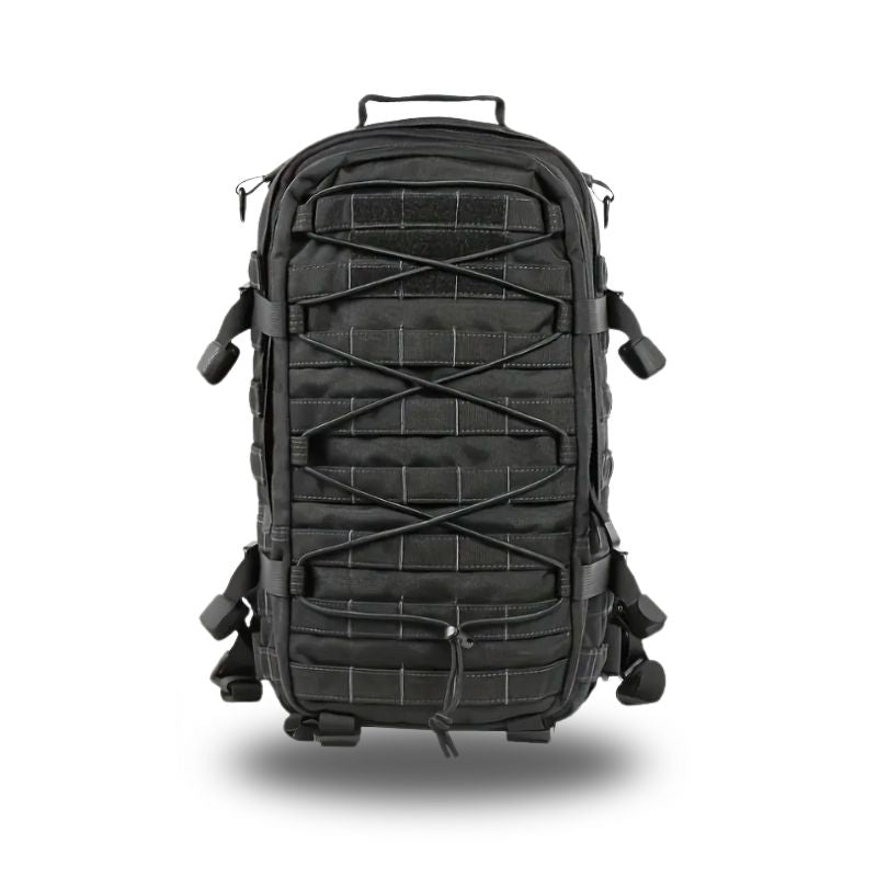 Sac militaire noir avec cordon élastique croisé et sangles MOLLE sur l’avant, idéal pour missions et randonnées