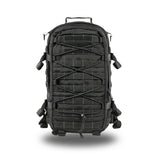 Sac militaire noir avec cordon élastique croisé et sangles MOLLE sur l’avant, idéal pour missions et randonnées