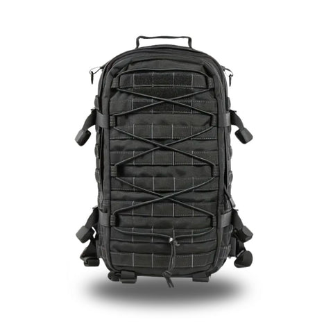 Sac militaire noir avec cordon élastique croisé et sangles MOLLE sur l’avant, idéal pour missions et randonnées