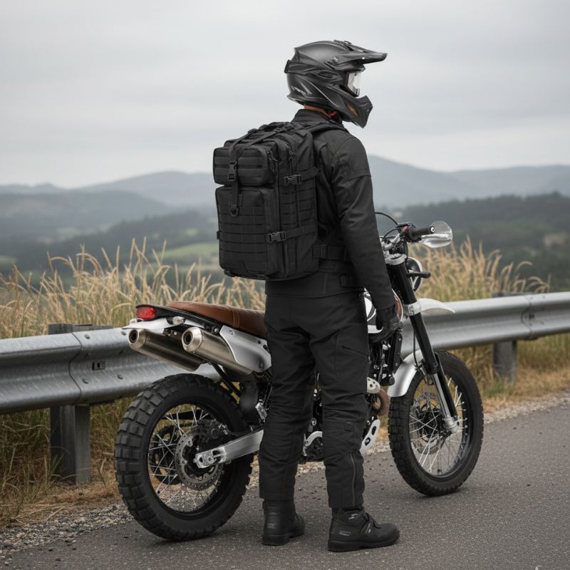 Motard équipé d’un sac militaire noir MOLLE, parfait pour les trajets à moto et les aventures outdoor