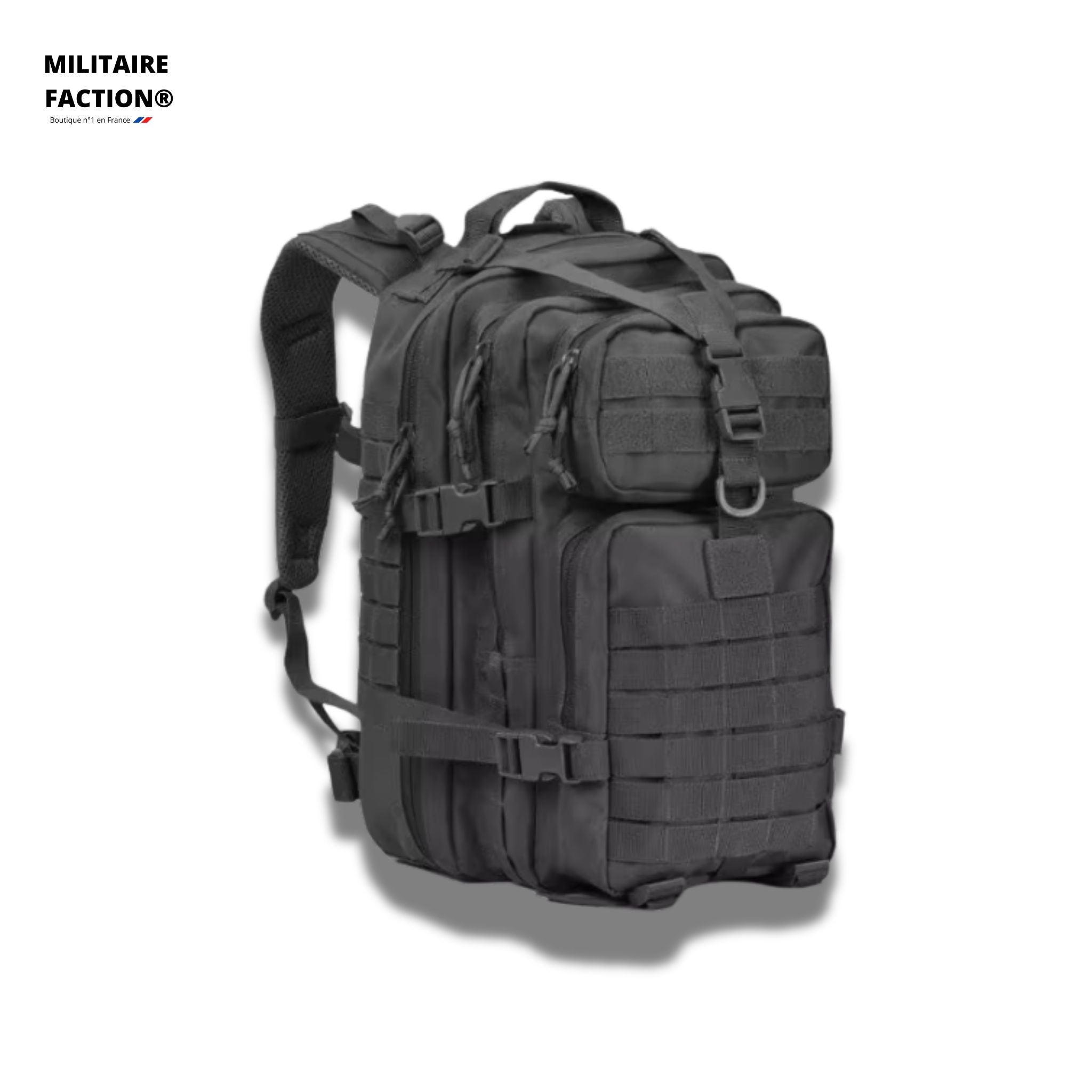 Sac à dos tactique MOLLE 38L noir (43×24×20 cm), multi-poches, patch France offert