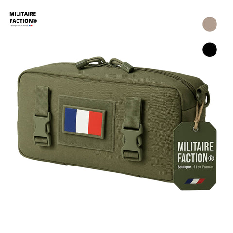 Sac MOLLE vert armée avec patch tricolore et étiquette Militaire Faction attachée