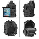 Sacoche militaire noire avec des compartiments internes et externes, dont un compartiment interne pouvant accueillir une tablette de dix pouces.