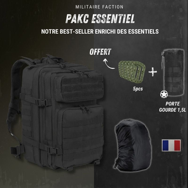 Visuel Pack Essentiel Militaire Faction : sac tactique noir, 5 mousquetons offerts, porte-gourde 1,5 L et housse de pluie, drapeau français.