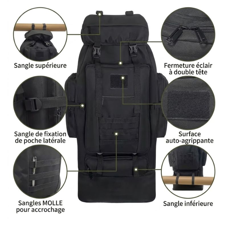 Détails des fonctionnalités du sac militaire : sangles MOLLE, velcro pour patch, fermetures éclair renforcées et sangles de fixation.