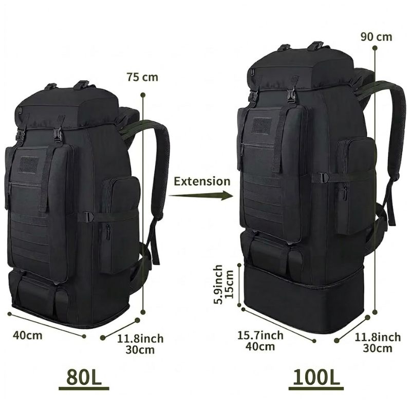 Comparaison des dimensions et de la capacité entre le sac de voyage militaire 80L et le modèle 100L avec extension.