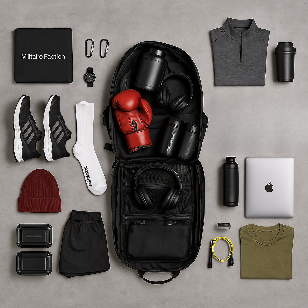 Organisation intérieure du sac Athlète Faction 45L : rangement pour chaussures, gants de boxe, ordinateur et shaker.