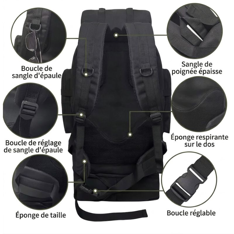 Gros plan sur l'ergonomie du sac : rembourrage respirant, ceinture de taille et boucles de réglage des bretelles.