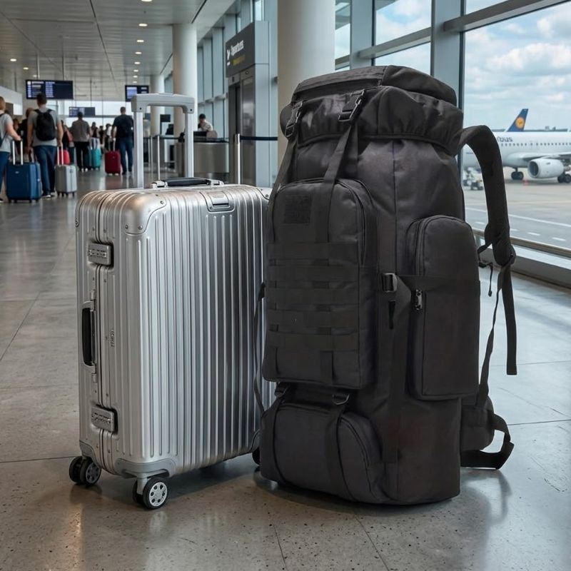 Comparaison de taille entre une valise cabine et le grand sac militaire.