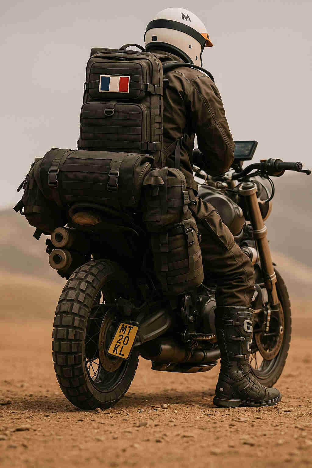 Motard dans le désert sur une moto trail équipé d’un sac en toile robuste avec écusson brodé drapeau français — style aventure et résistance.