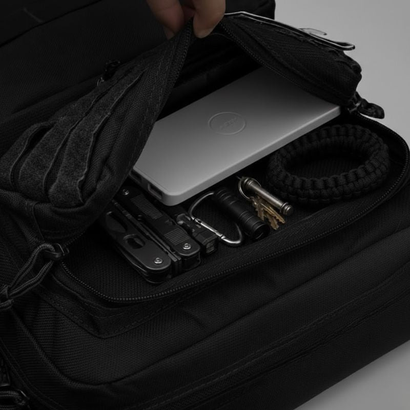 Détail du compartiment de rangement d'un sac militaire contenant une batterie externe, une pince multifonction et des accessoires de survie.