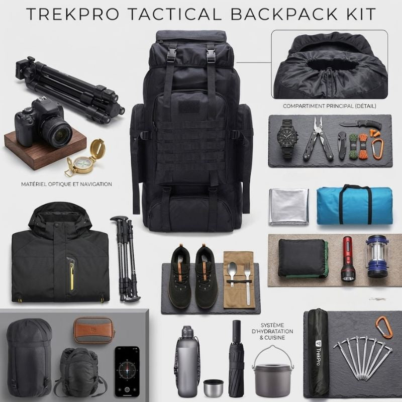 Vue d'ensemble Trekpro Tactical Backpack Kit avec tout l'équipement.