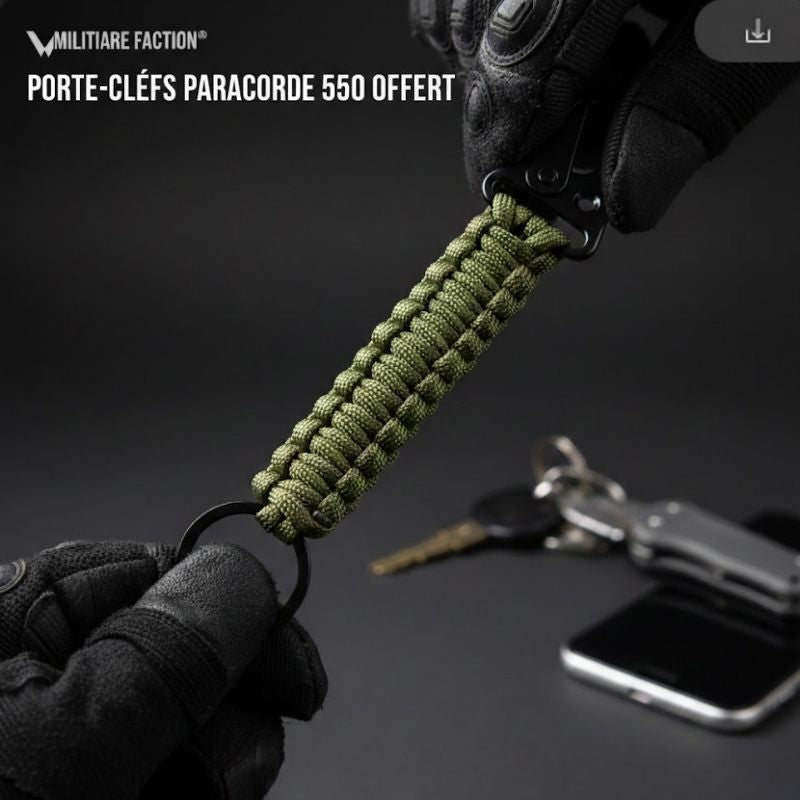 Porte-clés tactique en paracorde 550 avec mousqueton en acier, offert avec chaque sac à dos Militaire Faction.