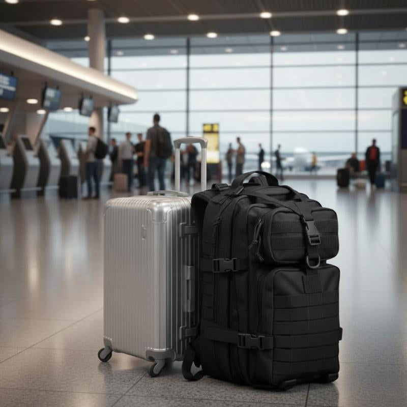 Sac à dos 38L Militaire Faction utilisé comme bagage cabine à côté d'une valise dans un aéroport.