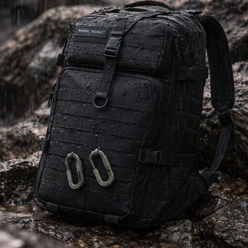 Sac à dos militaire 50L V2 noir imperméable posé sur des rochers sous la pluie - Militaire Faction.