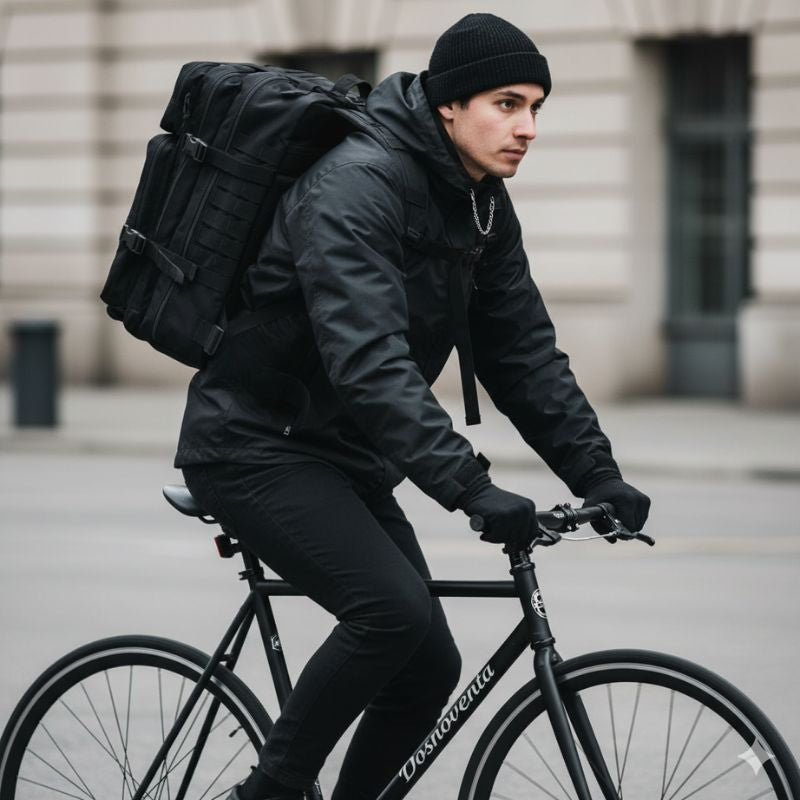 Sac à dos militaire 50L V2 noir renforcé porté par un cycliste en ville - Militaire Faction.
