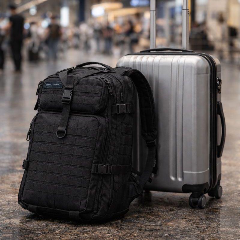 Sac à dos militaire 50L V2 noir à côté d'une valise cabine dans un aéroport - Militaire Faction.