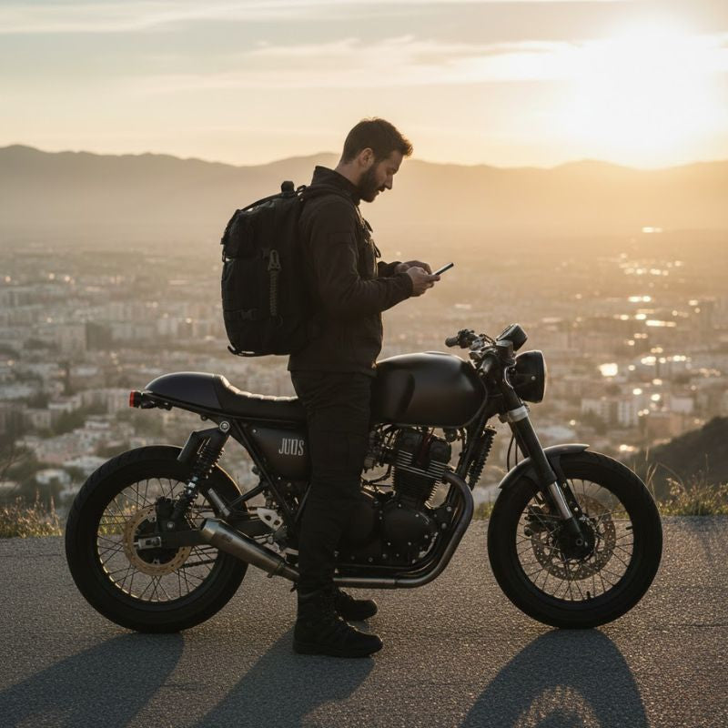 Motard équipé du sac à dos tactique 38L noir lors d'un arrêt en montagne au coucher du soleil.