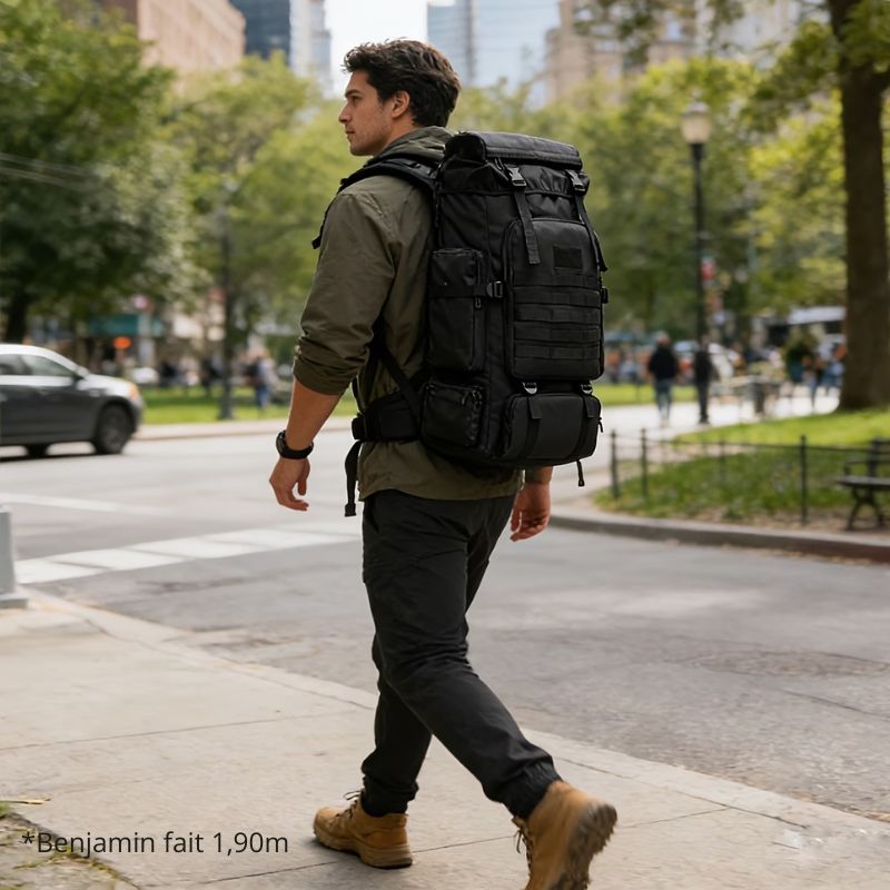 Homme de 1m90 portant le sac de voyage militaire noir en ville.