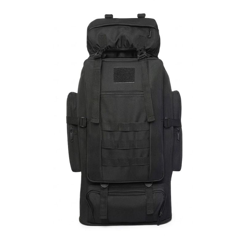 Vue frontale du sac de randonnée tactique 100L soulignant la sangle supérieure et le système d'attache d'équipement.