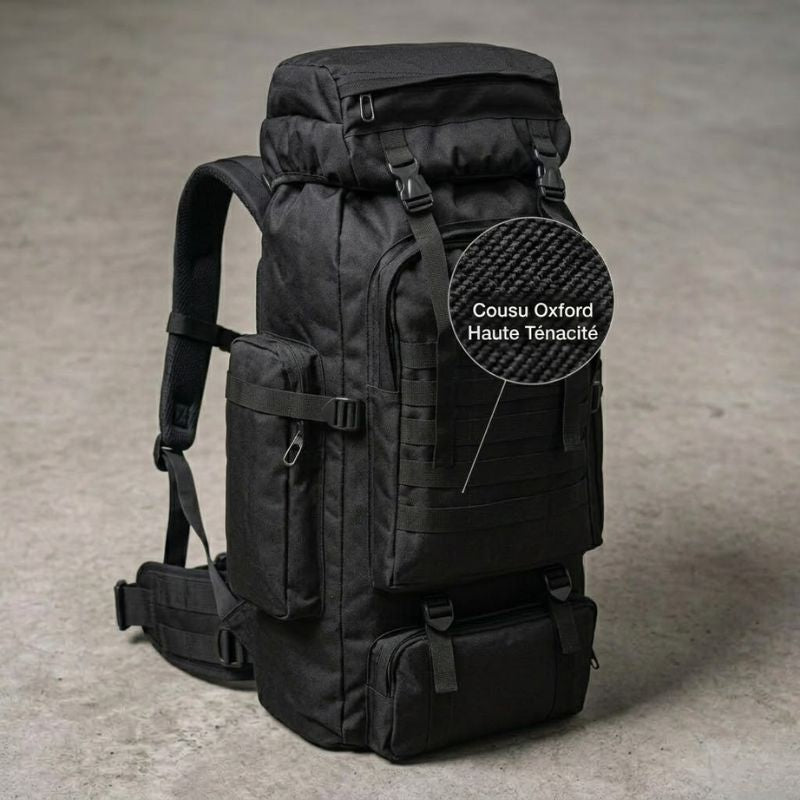 Sac à dos militaire noir en polyester haute densité Oxford cousu.