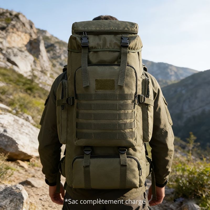 Vue arrière du sac de voyage militaire vert armée chargé en montagne.