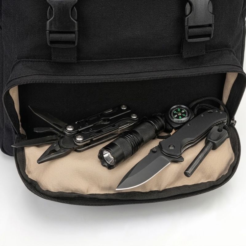 Compartiment frontal avec couteau de survie, lampe torche et boussole.