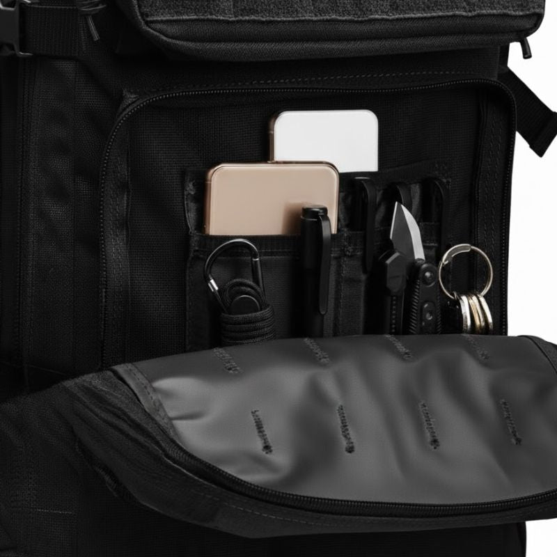 Poche avant organisatrice pour équipement EDC, couteau, stylos et accessoires tactiques.