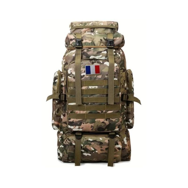 Sac à dos militaire camouflage de 80 litres avec écusson drapeau français.